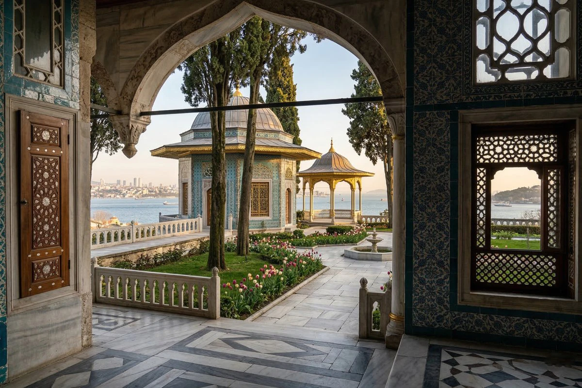 Topkapı Sarayı'nda çinili bir köşk ve avlu
